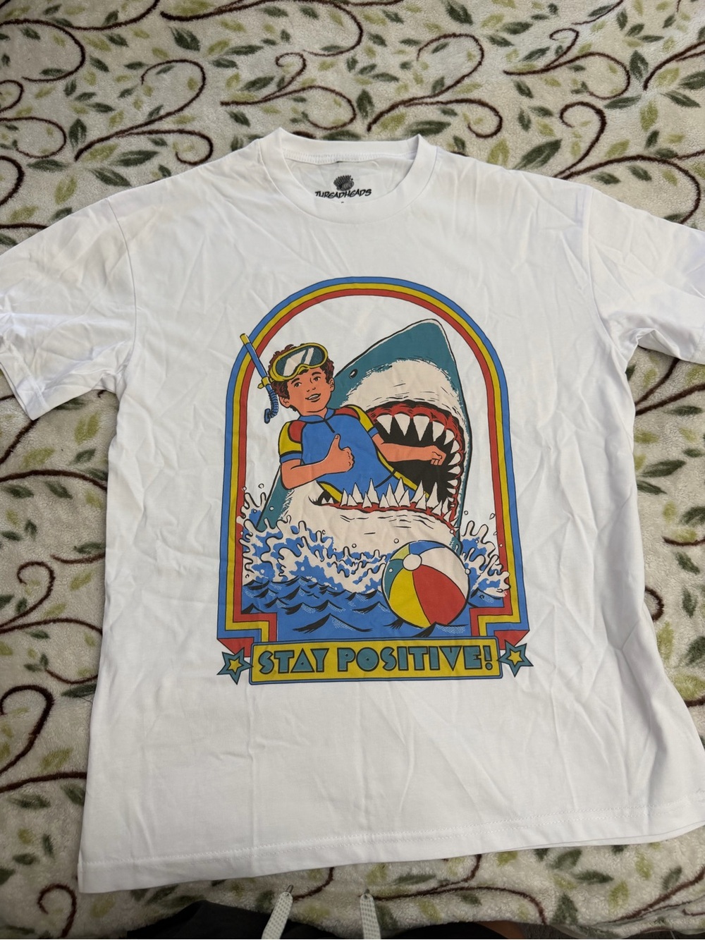 Threadheads Stay Positive Shark T-Shirt Graphic Tee White Small